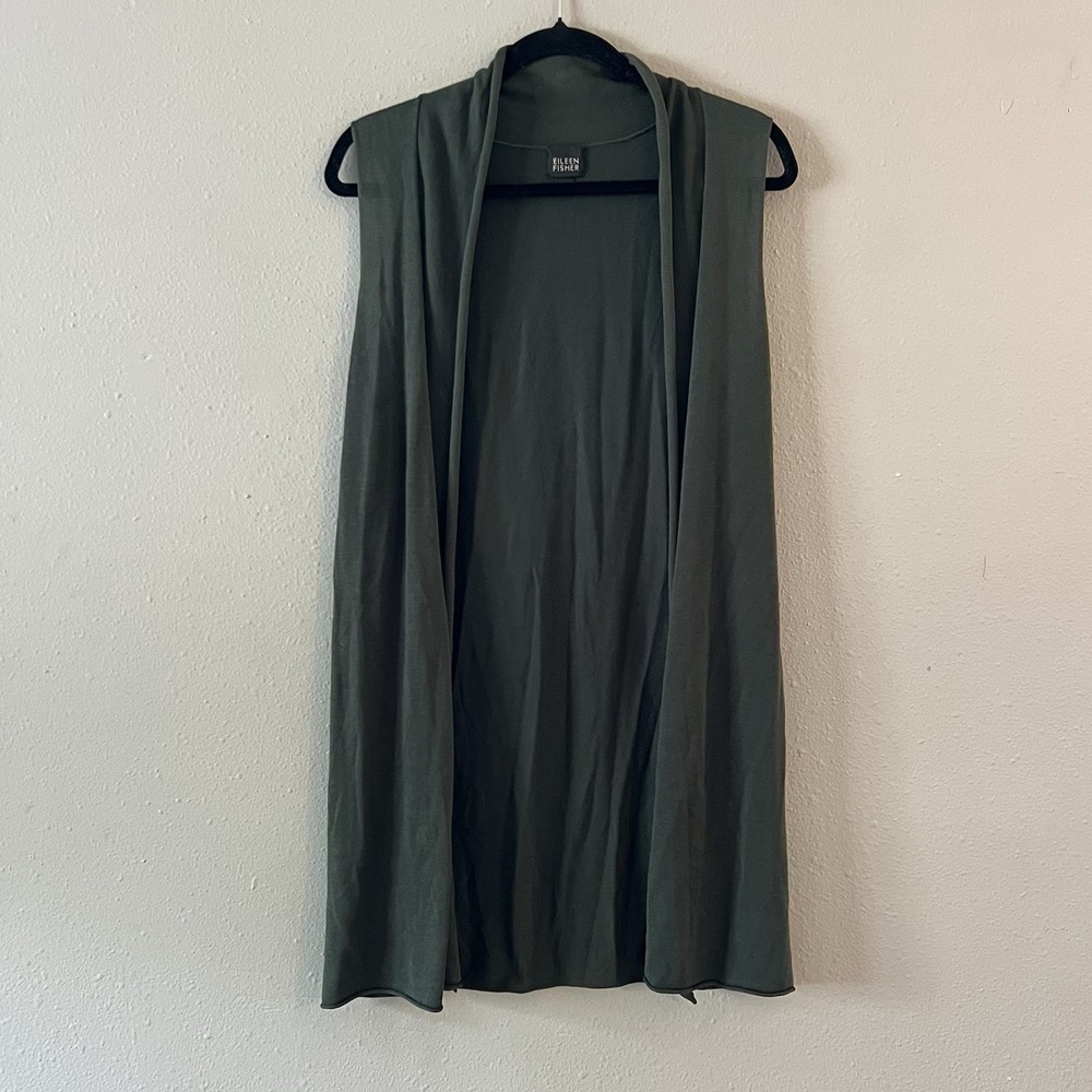 Eileen Fisher Women's M Forest Green Silk Blend Open Front Long Vest Layering